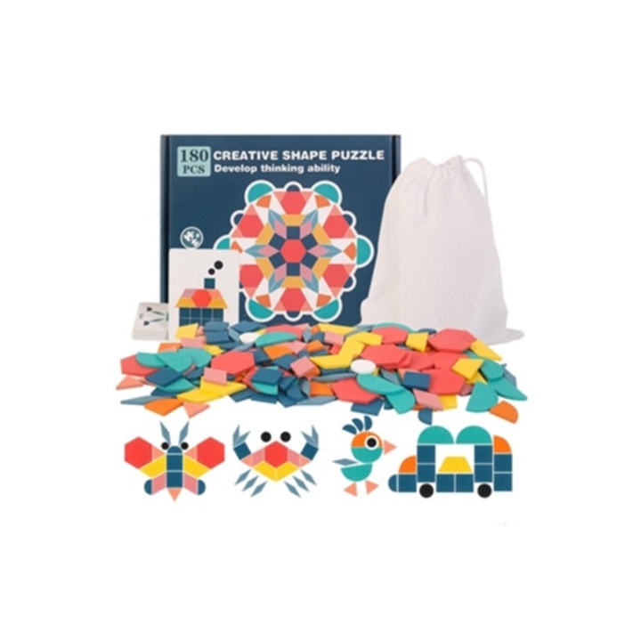 Set de blocuri din lemn cu 180 piese, joc educativ, forme geometrice, multicolor