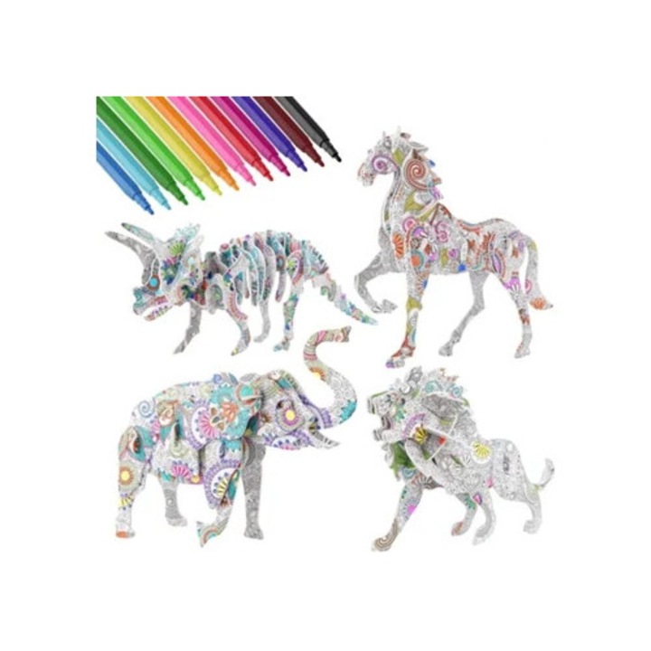 Set Puzzle 3D de Colorat cu 4 Animale si 12 carioci, multicolor