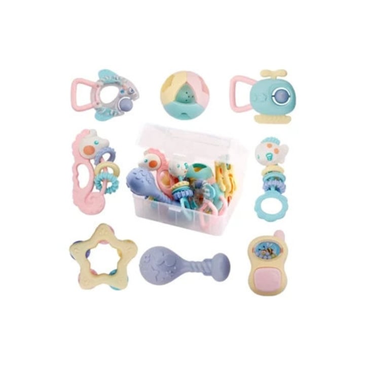 Játékszett csörgők babáknak, 8 db, többszínű, zenélő