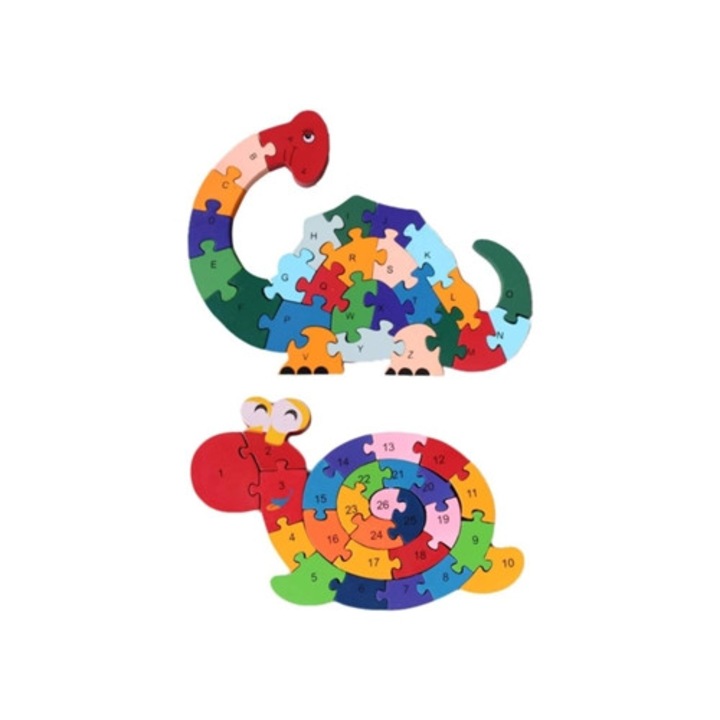 Set 2 Piese Puzzle Animale din Lemn pentru Copii, Constructie Alfabet