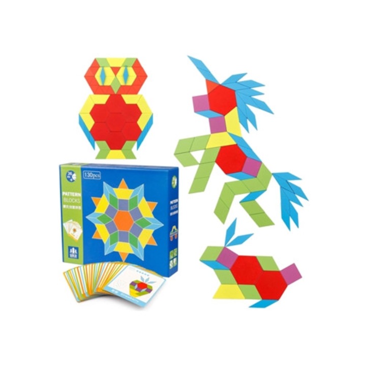 Set de blocuri din lemn, 130 piese, joc educativ geometric, multicolor