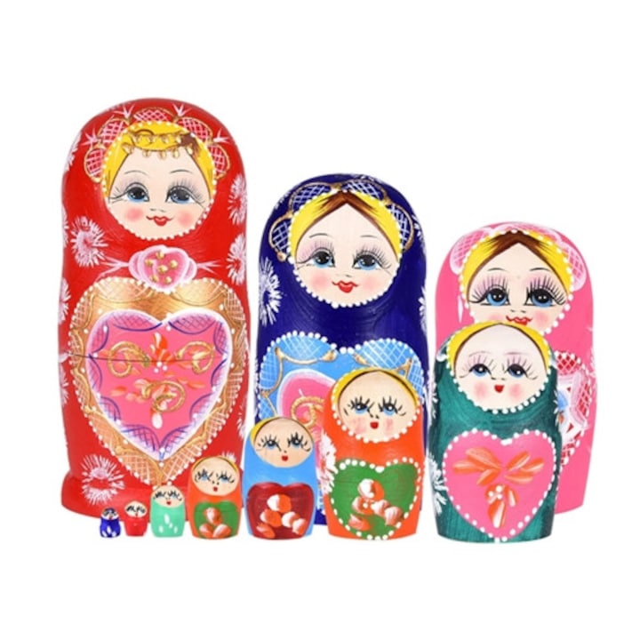 Комплект от 10 дървени кукли Матрьошка, колекционерски кукли, многоцветни
