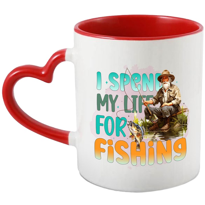 Cana cu pescar batran la pescuit cu mesajul "I spend my life for fishing", imi petrec viata pescuind, ilustratie, prinde peste, apa, lac cu Maner Inima Rosie1