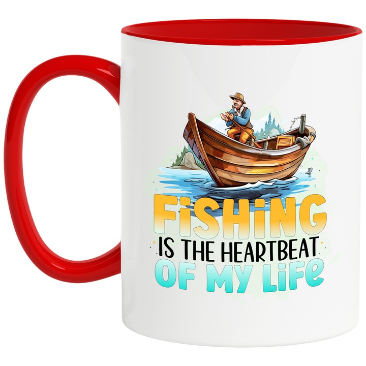 Cana cu pescar in barca cu mesajul "Fishing is the heartbeat of my life", ilustratie, pescuitul este bataia inimii pentru viata mea lac, vasla cu Maner Rosu1