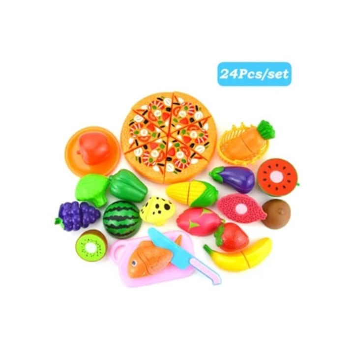 Set 25 piese jucarii de bucatarie pentru copii, taiere alimente, fructe si legume, educativ
