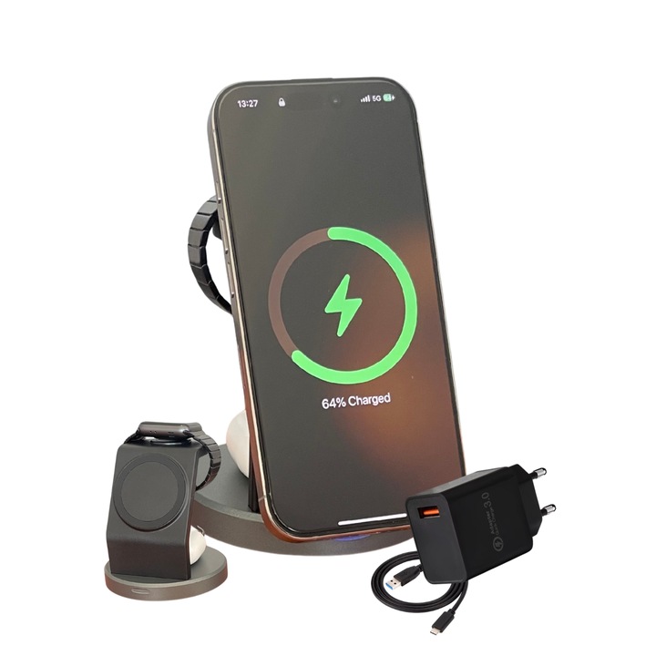 Stand incarcare Wireless 3 in 1 magnetic, 22.5 W cu adaptor QC 3.0 inclus - compatibil Magsafe si Qi - negru