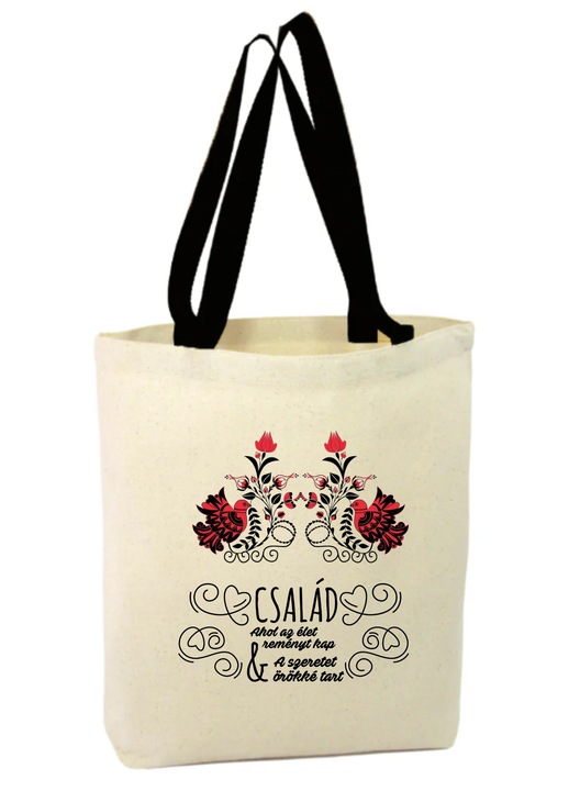 Vászontáska cipzárral, fekete fogantyúval, két galambbal és magyar nyelvű szöveggel