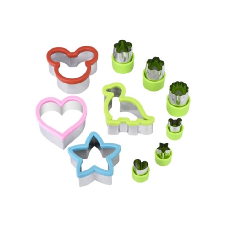 Set forme prajituri, 10 piese, Mickey Mouse, dinosaur, stea, inima, legume