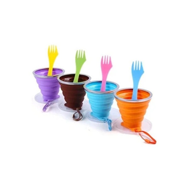 Комплект сгъваеми чаши с 4 вилици за многократна употреба, силиконова чаша, преносима чаша с капак, за къмпинг, туризъм, плаж, пикник