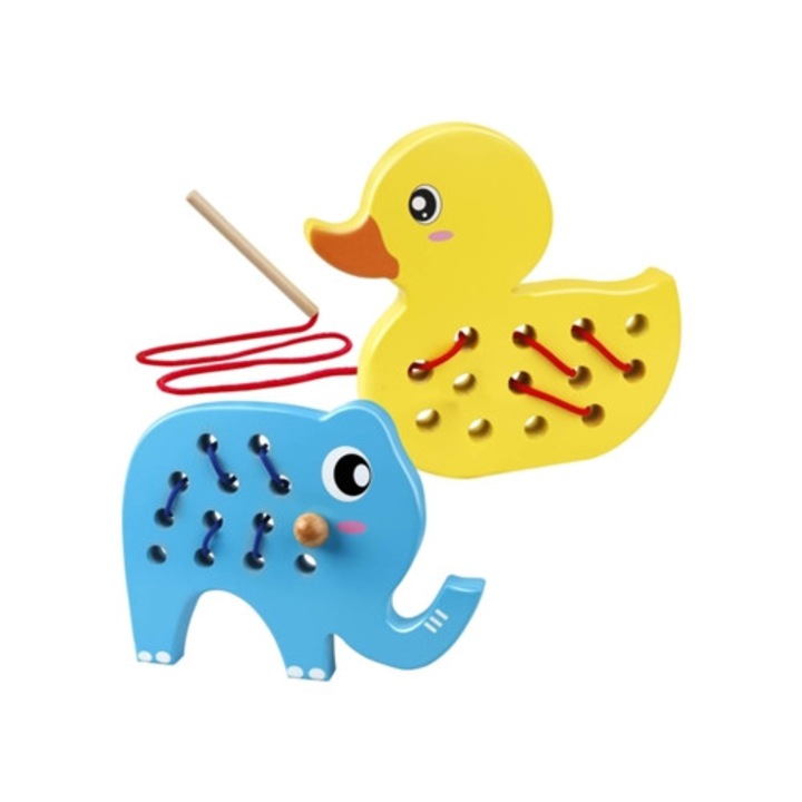 Set Jocuri Educative Pato si Elefante cu Laco de Lemn, 2 Piese, Multicolor