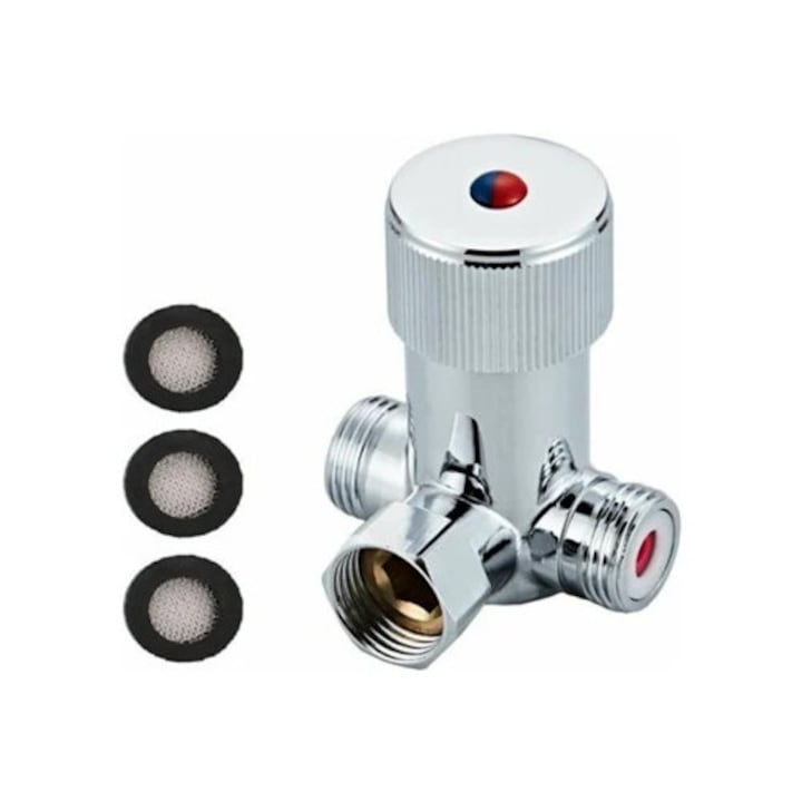 Hőmérséklet-keverőszelep, tömör sárgarézből, krómozott, szelepekkel, az automata vízszintszabályozáshoz