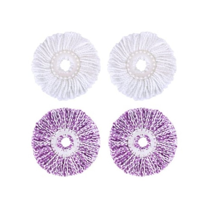 Set de capete de mop din microfibra, alb si mov, pentru mop rotativ, 4 bucati