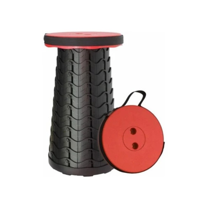 Преносима, сгъваема, регулируема телескопична табуретка, червена, за къмпинг, 30x45см