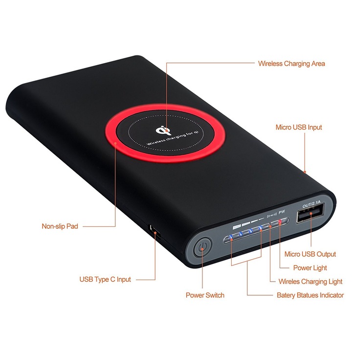 Acumulator extern Qi Powerbank 10000mAh, incarcare-descarcare Wireless, microUSB, USB-Type C, negru-rosu