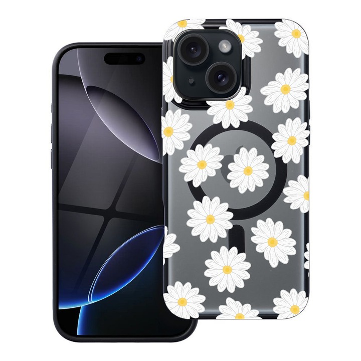 BestCase® Husa Compatibila cu Apple iPhone 15 cu Design Happy Flowers Daisy, Shockproof Shield MagSafe Anti-Soc TPU, 2092177 FR 513