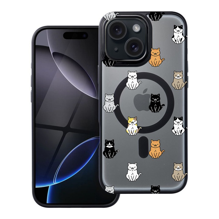 BestCase® Husa Compatibila cu Apple iPhone 13 cu Design Cat Pattern, Shockproof Shield MagSafe Anti-Soc TPU, 2092174 FR 1027