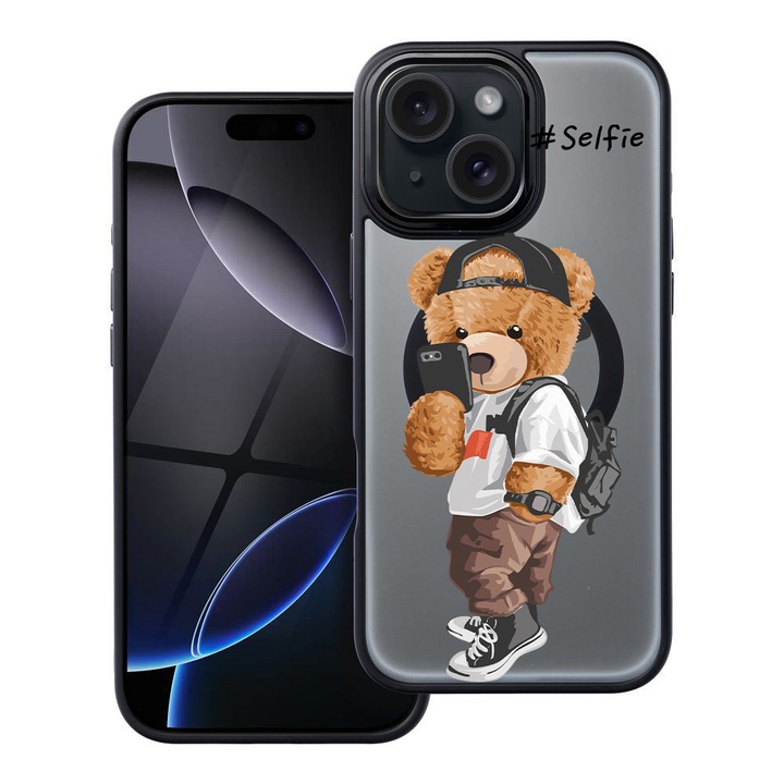 BestCase® Husa Compatibila cu Apple iPhone 15 cu Design Selfie Teddy Bear, Shockproof Shield MagSafe Anti-Soc TPU, 2092177 FR 925