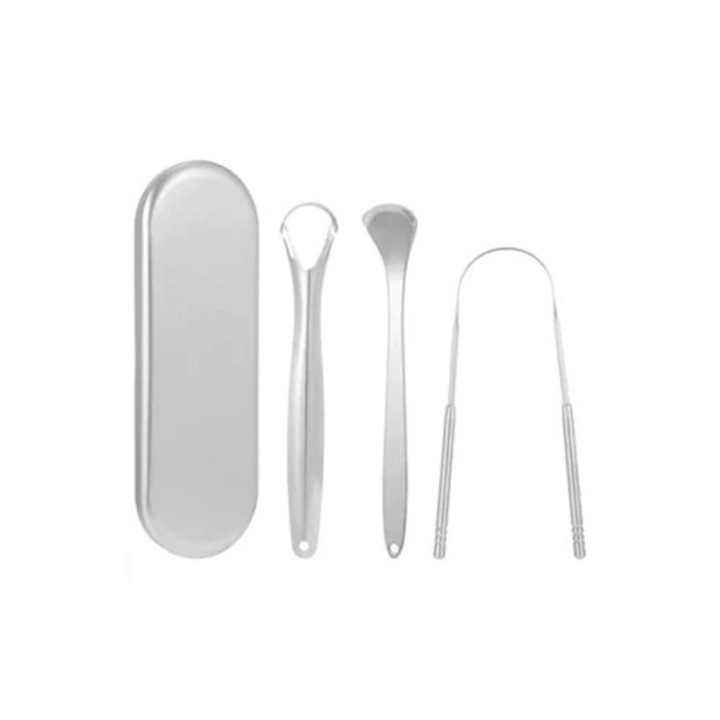 Klasszikus fogkefék, nyelvtisztító, rozsdamentes acél, BPA-mentes, szett