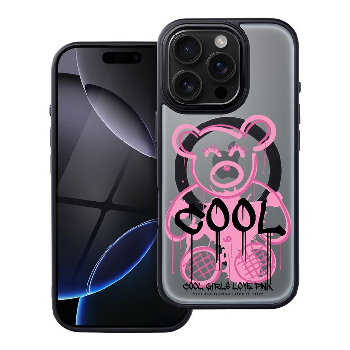 BestCase® Husa Compatibila cu Apple iPhone 12 Pro cu Design Teddy Bear Cool Pink, Shockproof Shield MagSafe Anti-Soc TPU, 2092203 FR 1551