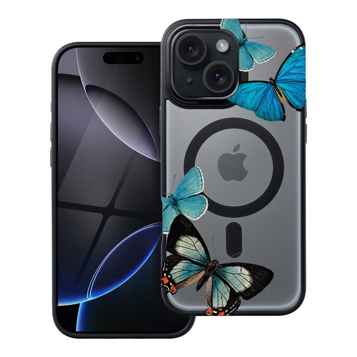 BestCase® Husa Compatibila cu Apple iPhone 13 cu Design Beautiful Blue Butterflies, Shockproof Shield MagSafe Anti-Soc TPU, 2092174 FR 991