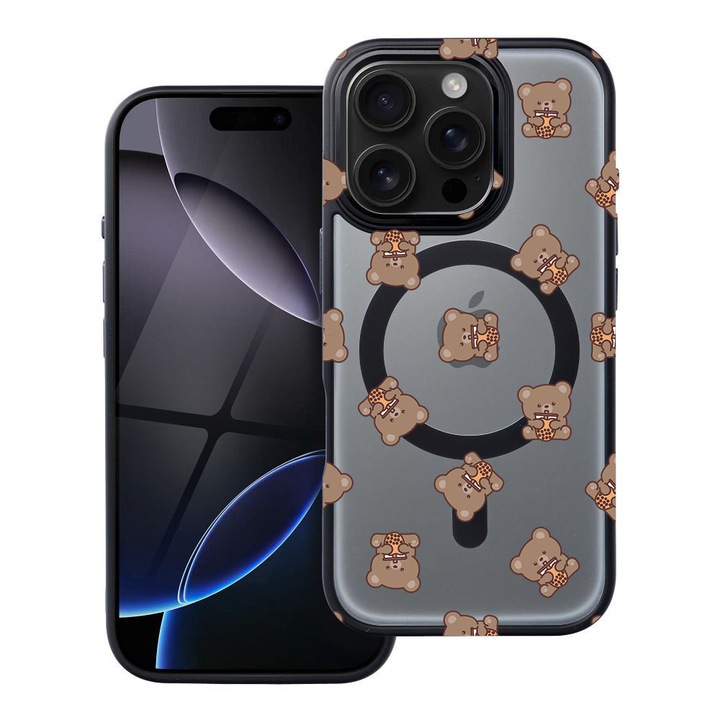 BestCase® Husa Compatibila cu Apple iPhone 15 Pro Max cu Design Teddy Bear Pattern, Shockproof Shield MagSafe Anti-Soc TPU, 1937305 FR 974