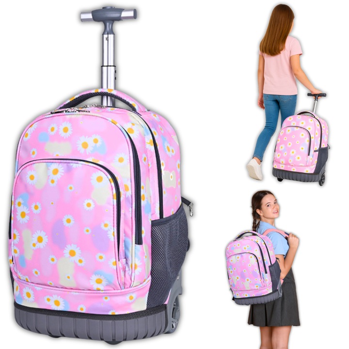 Ghiozdan troler cu rotile, Capacitate Mare, Fete si baieti, Pentru scoala si calatorii, Banda reflectorizanta, Roti rezistente, Burete respirabil, Impermeabil, Husa anti-praf, Compartimente multiple