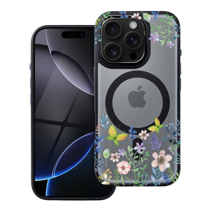 BestCase® Husa Compatibila cu Apple iPhone 15 Pro Max cu Design Butterfly Flowers, Shockproof Shield MagSafe Anti-Soc TPU, 1937305 FR 95