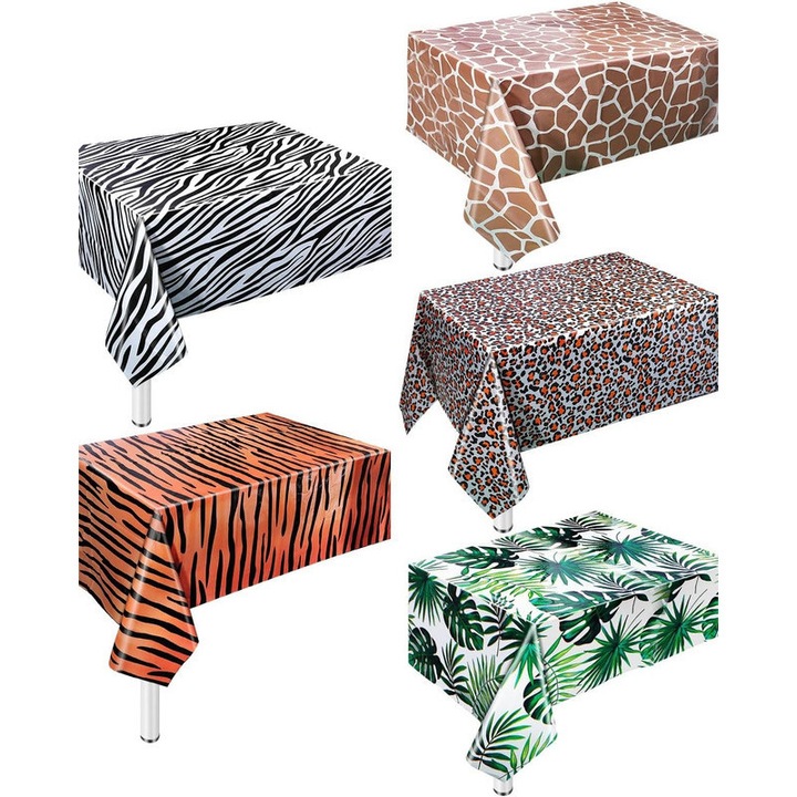 Szafari állatos asztalterítők, 5 darabos készlet, állatkert mintás, dzsungel állatos téma, leopárd, tigris, zebra, zsiráf, pálmalevél mintás