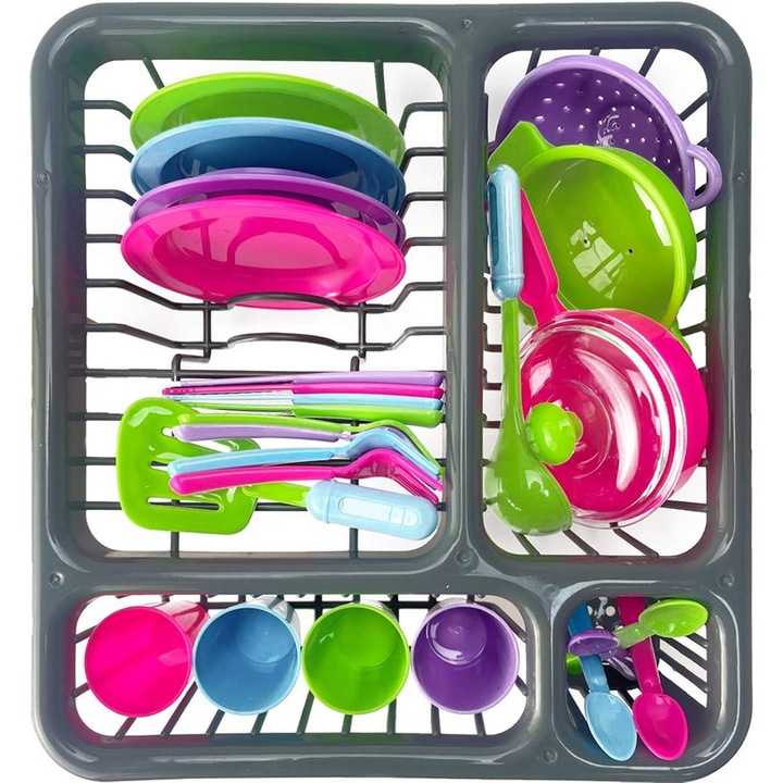 Set de jucarii de bucatarie super durabile pentru copii, jucarie de bucatarie pentru copii, suport pentru vase de spalat si uscat vase cu scurgator (cadou excelent pentru copii) (27 de piese)