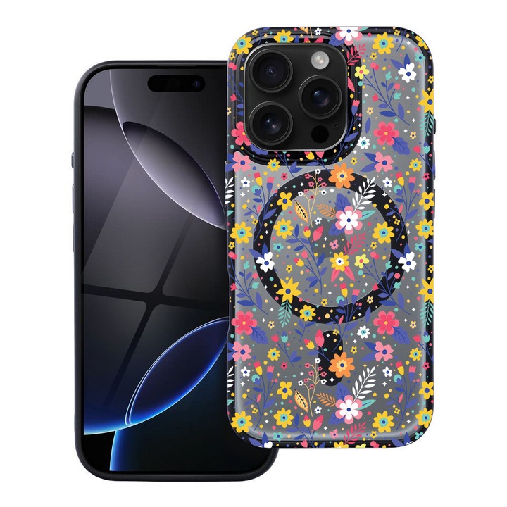 BestCase® Husa Compatibila cu Apple iPhone 16 Pro cu Design Flower Pattern, Shockproof Shield MagSafe Anti-Soc TPU, 1937309 FR 955