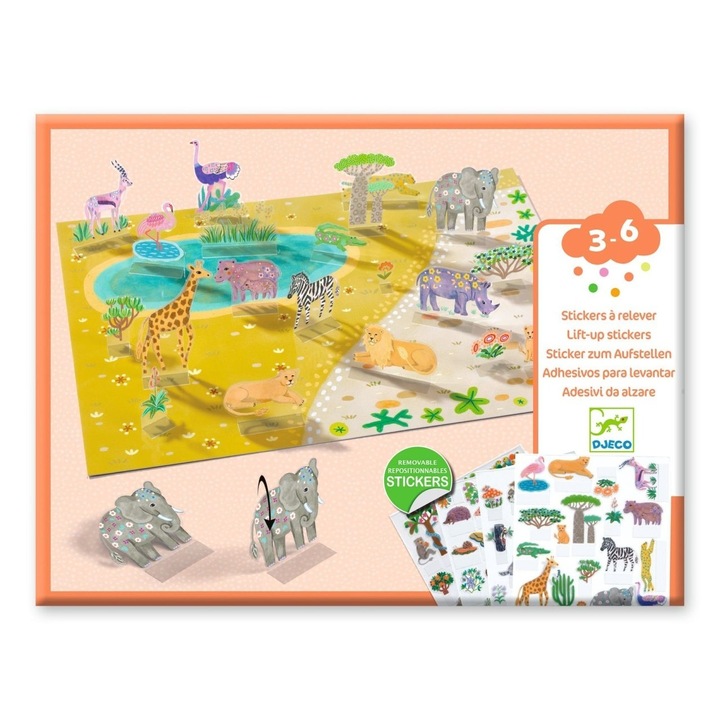 Творчески комплект, 80 многократни стикера Животни, Djeco, 4 големи сцени, 3-6 години