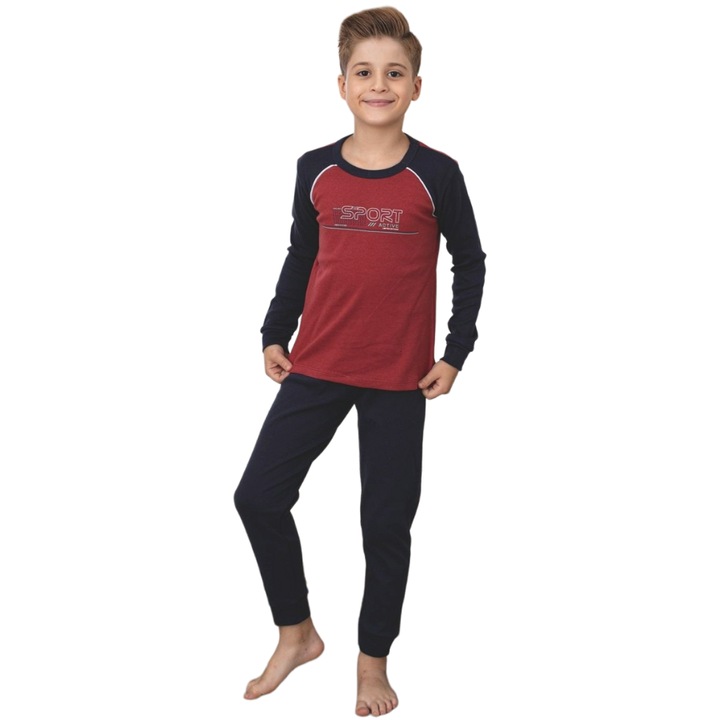 Pijama Copii Groasa Super Premium, 100% Bumbac Interlock, 2 piese, Caramiziu