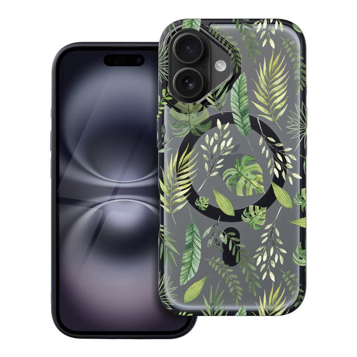 BestCase® Husa Compatibila cu Apple iPhone 16 cu Design Green leafs, Shockproof Shield MagSafe Anti-Soc TPU, 1937307 FR 77