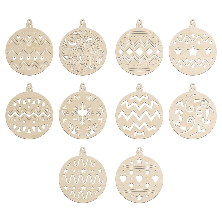 Globuri de Craciun, SMX Design, set 10 bucati, din lemn natural, 10x8cm