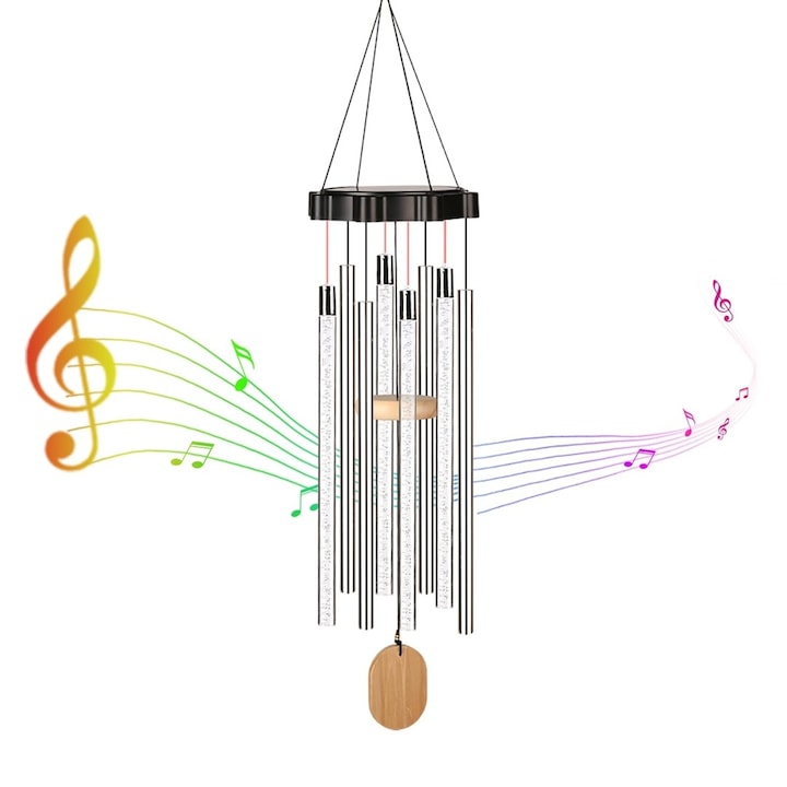 Clopotei de Vant, Solar, Iluminat LED, 70 cm – Multicolor, 4 Tuburi din Aluminiu si 4 Tuburi Iluminate, Rezistent la Apa IP65 – Decor Luminat pentru Gradina, Terasa sau Fereastra