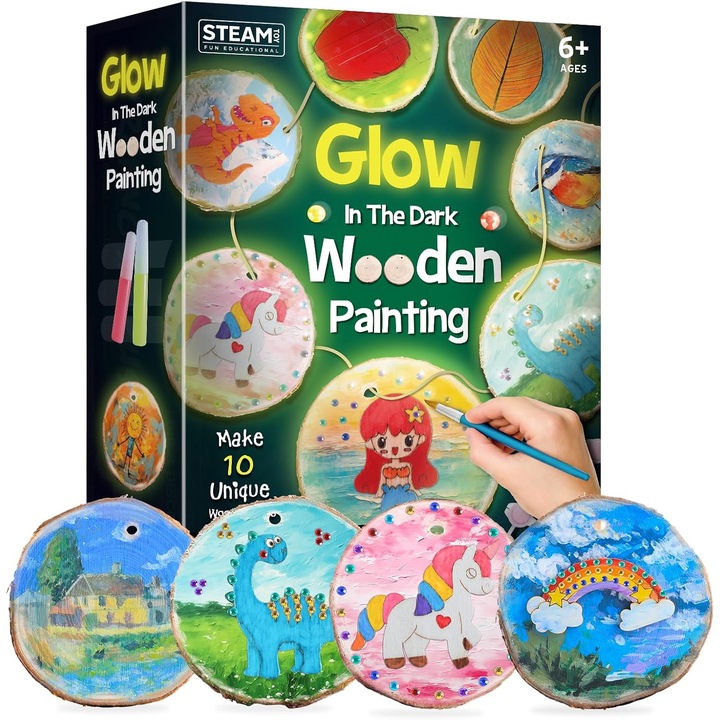 Kit pictura pe lemn, set creativ copii 6-12 ani, cadou arts & crafts cu discuri lemn, stickere si accesorii, contine si vopsea fosforescenta, DIY glow in the dark