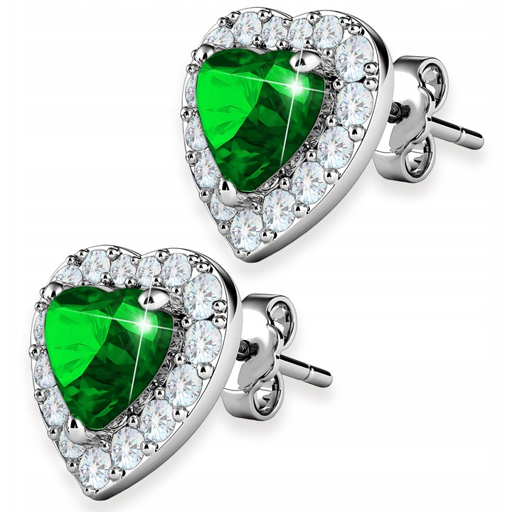 Cercei, Larezo, Inimi Cristal Verde, Argint 925, Zirconiu, 1 Cutie Pentru Bijuterii Premium, Ideal Pentru Cadou, 1.2 g, 7 x 7 mm