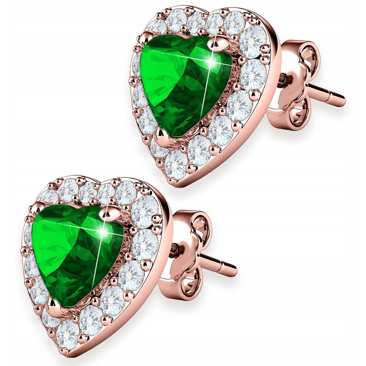 Cercei, Larezo, Inimi Cristal Verde, Argint 925, Zirconiu, 1 Cutie Pentru Bijuterii Premium, Ideal Pentru Cadou, 1.2 g, 7 x 7 mm