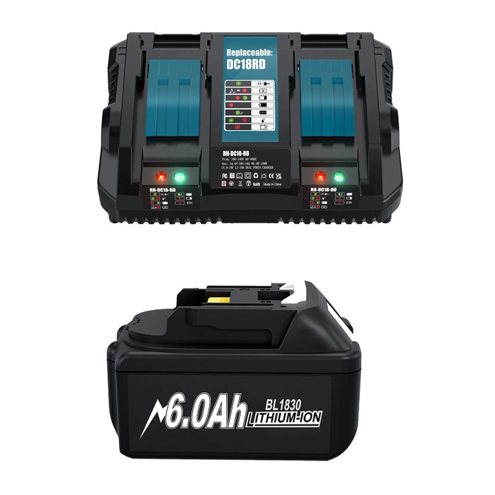 Baterie reincarcabila pt. Makita 18V, model BL1830, tip 18650, Lithium-Ion, compatibila cu seria BL1860, pentru surubelnite, 6.0A, cu incarcator dual