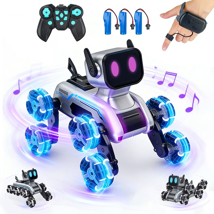 Jucarie caine robot cu telecomanda pentru copii, DONFANLIA®, cu roti mecanum pentru cascadorii, Masina acrobata 2.4Ghz 8WD, Lumini LED, Muzica dinamica, rotire 360°, Baterie 90-120 minute, Educativ, Pentru 6-13 ani, Negru