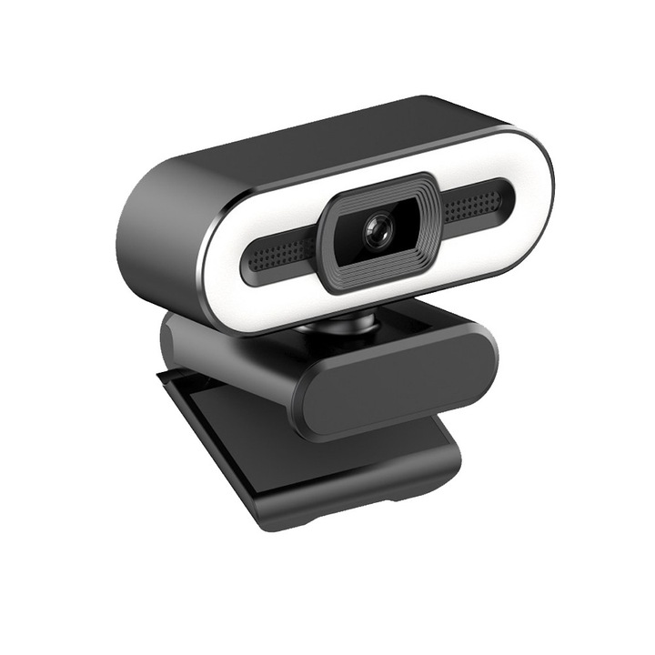 Webkamera 4K, DONFANLIA®, 3 fokozatban állítható LED intenzitás, Beépített mikrofon, Autofókusz, Adaptív zajcsökkentő funkció, Adatvédelmi borítás, Fénykorrekció, 360 fokos elforgatás, USB, Xbox-kompatibilis, Zoom, Skype, Fekete