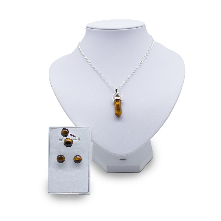 Set bijuterii Argint 925 cu piatra semipretioasa Ochi de Tigru - Lantisor, Cercei si Inel