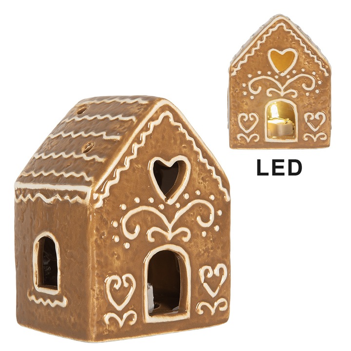Fehér és barna kerámia karácsonyi figura LED világítással, 8x6x10cm, retro és vintage stílusú