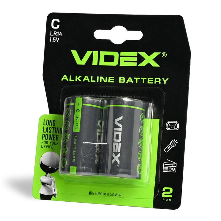 Baterie alcalina VIDEX LR14/C set 2 bucati, 8000 mAh, 1,5 V, 50x26,2x26,2mm
