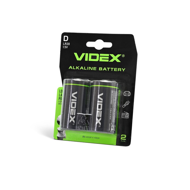 VIDEX LR20/D alkáli elem, 2 darabos készlet, 1,5V, 15200mAh, 61,5x34,2x34,2mm
