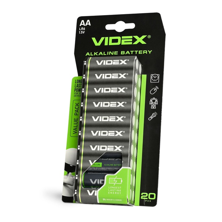 VIDEX AA alkáli elem, 20 darab, 2600 mAh, 1,5 V, 50,5x14,5x14,5mm