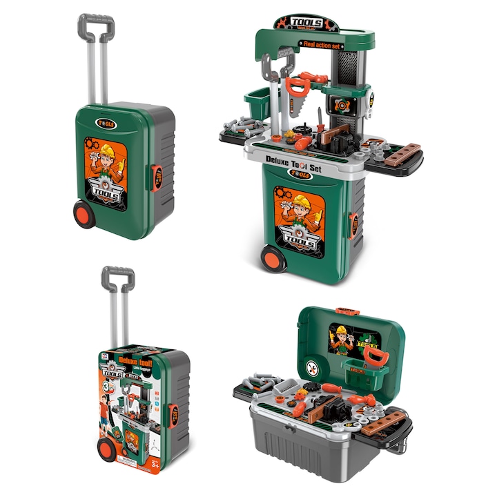 Set jucarie scule pentru copii „Deluxe Tool Set” – valiza portabila cu atelier, unelte realiste si piese educative pentru joaca creativa