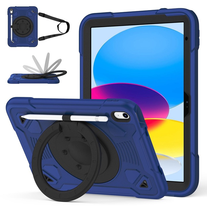 Husa tableta pentru iPad 2025 / 2022 Silicona cu suport pentru deget si curea de umar, Navy Albastru Negru