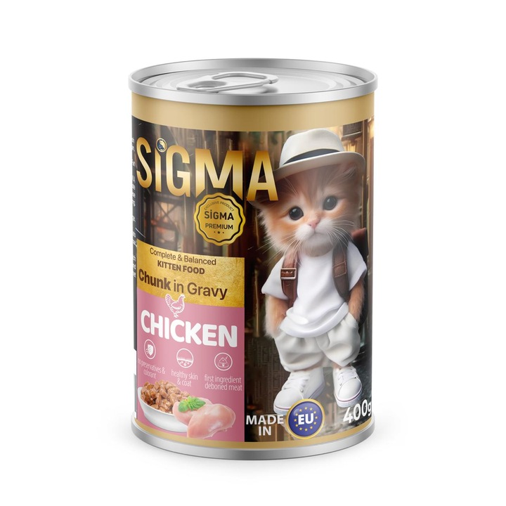 Hrana umeda pentru pisici junior, Sigma, cu carne de pui, conserva 400 g, premium, digestie usoara cu carne de pui, crestere sanatoasa, imunitate puternica