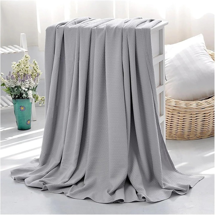 Patura din fibra de bambus, 200x180cm, gri, pentru canapea sau somn, set multifunctional